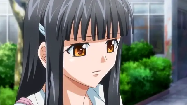 An anime girl with long black hair and orange eyes looks off to the side with a concerned expression while standing outdoors near some greenery. Screenshot from Rin x Sen - Episode 1