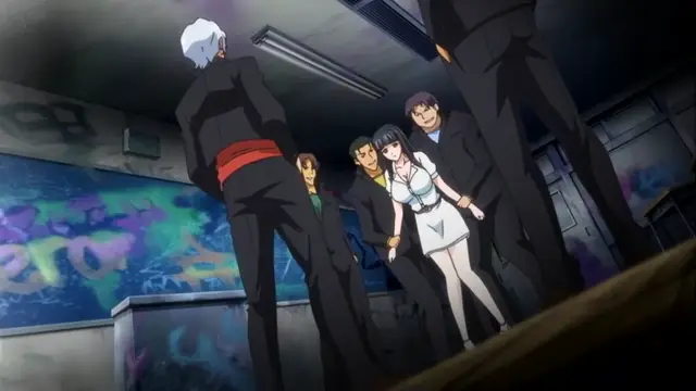 In a grimy underground alleyway, a petite woman in a white dress is being surrounded and intimidated by several tall, menacing men in black suits. Screenshot from Rin x Sen - Episode 1