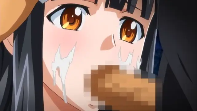 An anime girl with black hair and orange eyes has a heavy blush on her face and white fluids dripping down her chin as she performs oral sex on a pixelated male penis. Screenshot from Rin x Sen - Episode 1