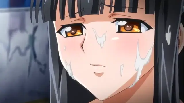 An anime girl with long black hair and a straight fringe has a dazed, blushing expression with thick white fluid dripping down her face. Screenshot from Rin x Sen - Episode 1