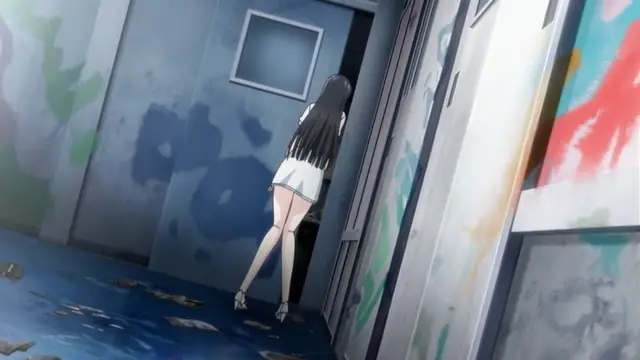 A girl with long black hair and a white skirt stands in a grimy, graffiti-covered hallway, leaning forward and looking into a dark doorway. Screenshot from Rin x Sen - Episode 1