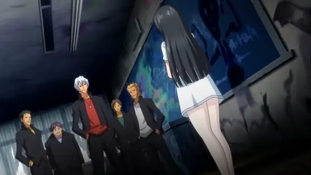 In a dimly lit urban alleyway, a group of men stands before a large blue mural of a silhouette, watching a long-haired woman in a white dress stand with her back turned toward them. Screenshot from Rin x Sen - Episode 1