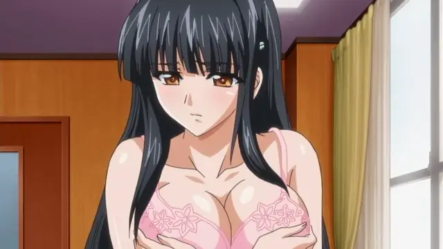 A long-haired anime girl with a blush on her face looks down while wearing a pink lace bra and holding her breasts with her hands. Screenshot from Rin x Sen - Episode 2