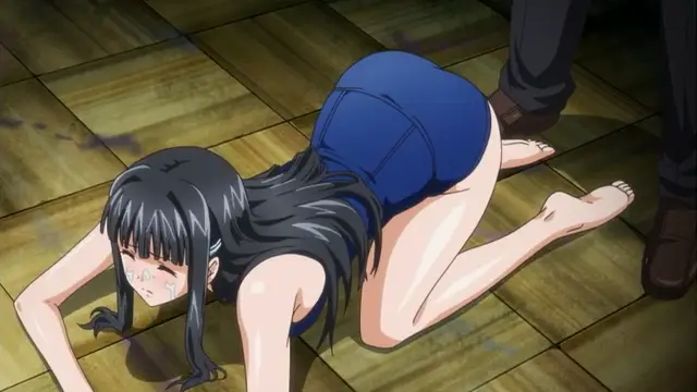 A girl with long black hair and blue shorts is on all fours on a wooden floor, looking distressed with tears in her eyes while two men stand behind her. Screenshot from Rin x Sen - Episode 2