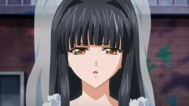 A close-up shot of a black-haired anime girl with amber eyes and a tearful expression, wearing a white ruffled garment against a weathered building backdrop. Screenshot from Rin x Sen - Episode 2