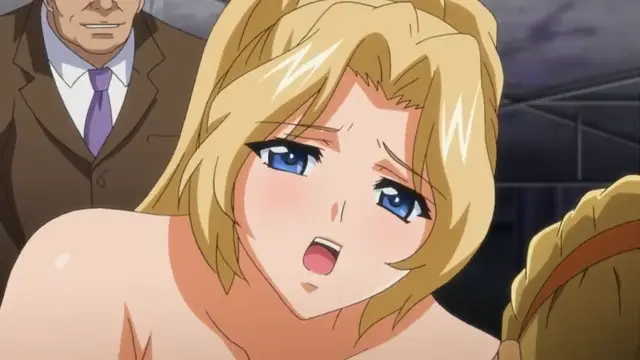 A blonde woman with a distressed expression and blushing face is shown from the chest up, appearing to be in a state of arousal or distress while standing in front of a man in a suit. Screenshot from Rin x Sen - Episode 2