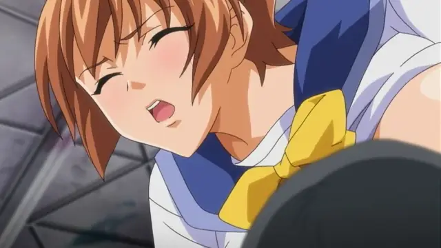 A blushing anime girl with short brown hair and a blue and white school uniform looks down with an open mouth as she is being penetrated from behind. Screenshot from Rin x Sen - Episode 2