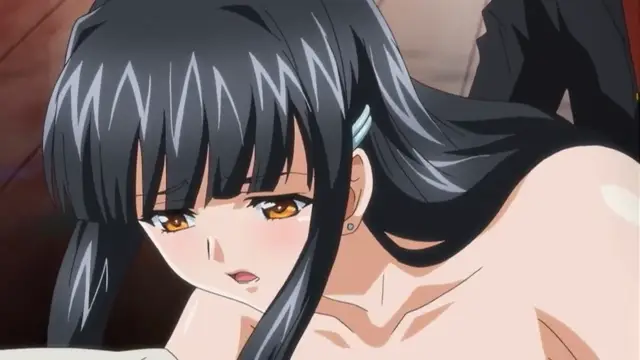 A close-up of a black-haired girl with yellow eyes and a blushing face looking down with an expression of pleasure or exhaustion. Screenshot from Rin x Sen - Episode 2