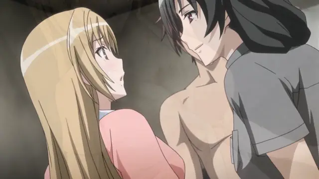 A blonde-haired girl in a pink shirt looks up with a surprised expression at a shirtless man with long black hair who is leaning in close to her face. Screenshot from Ran -> Sem - Episode 1