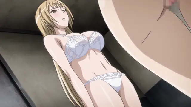 A blonde-haired anime girl wearing white lace lingerie lies on her back against a wall while a large, blurred male character looms over her. Screenshot from Ran -> Sem - Episode 1