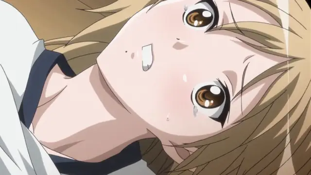 A close-up of a blushing anime girl with wide, watery eyes and a dazed expression as she lies on her back. Screenshot from Ran -> Sem - Episode 1