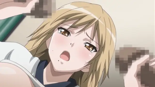 A blonde anime girl with a blushing face and tears in her eyes looks shocked and overwhelmed as she is being fucked by multiple people. Screenshot from Ran -> Sem - Episode 1