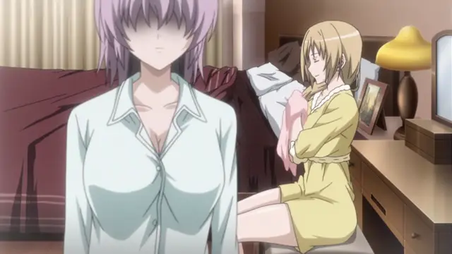 A close-up shot of a purple-haired girl in a light blue button-down shirt standing in front of a blonde girl who is sitting on a chair and wrapping a towel around herself in a bedroom. Screenshot from Ran -> Sem - Episode 1