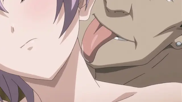 A close-up of a woman with purple hair and a man with tan skin and a large tongue sticking out as he licks her neck. Screenshot from Ran -> Sem - Episode 2