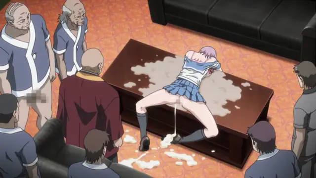 A girl with short pink hair in a school uniform is bent over a low table and being fucked by a man in a red robe while several other men stand and sit around her in a living room. Screenshot from Ran -> Sem - Episode 2