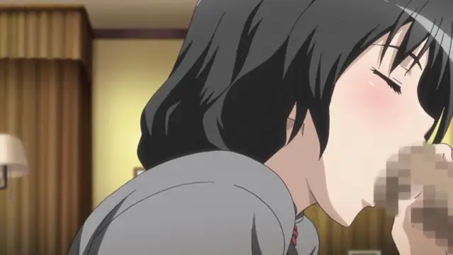 A close-up shot shows a blushing girl with black hair leaning in to kiss a man, her eyes closed as their faces meet in a heated moment. Screenshot from Ran -> Sem - Episode 2