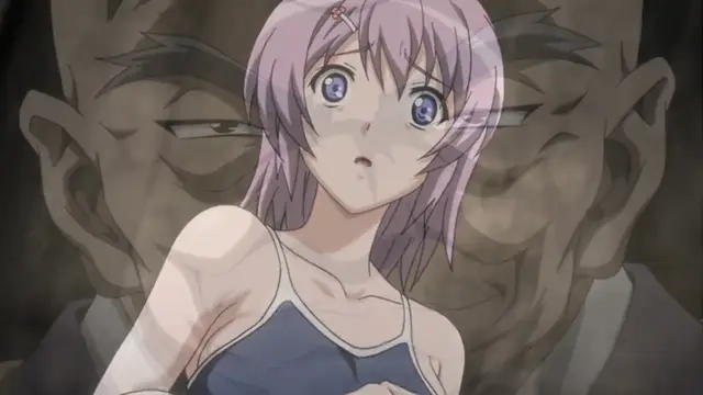 A shocked anime girl with purple hair and a blue tank top stares ahead while a menacing man's face looms large in the background behind her. Screenshot from Ran -> Sem - Episode 2