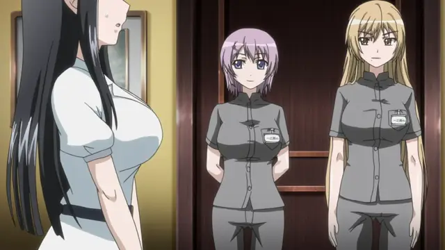 A tall, long-haired woman in a white outfit stands in the foreground facing two women in grey uniforms who stand side-by-side in a doorway. Screenshot from Rin x Sen + Ran -> Sem: Cross Mix - Episode 1