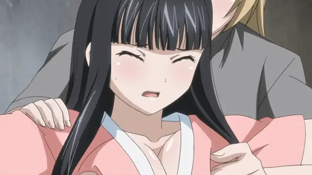 A blushing anime girl with long black hair and a pink kimono sits in the front while a blonde man stands behind her with his hands on her shoulders. Screenshot from Rin x Sen + Ran -> Sem: Cross Mix - Episode 1