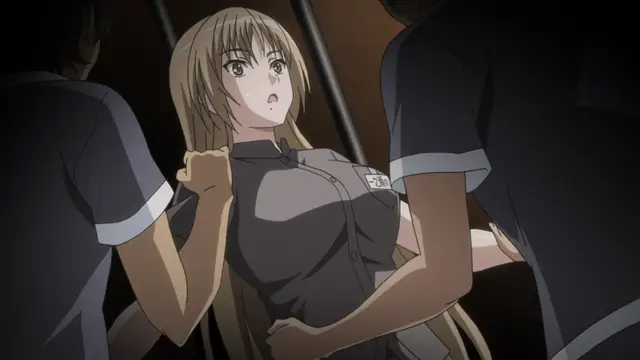 A blonde woman in a police uniform stands between two men in dark uniforms in a dimly lit room, her expression one of shocked surprise. Screenshot from Rin x Sen + Ran - Sem Cross Mix - Episode 2