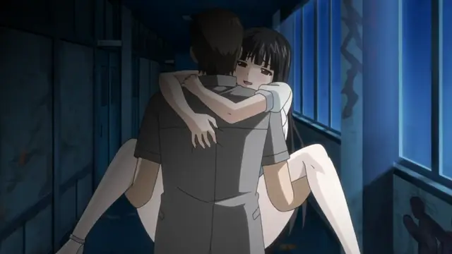A girl with long black hair wraps her legs around a man's waist and clings to his back in a dark hallway, while the man stands facing away from the camera. Screenshot from Rin x Sen + Ran - Sem Cross Mix - Episode 2