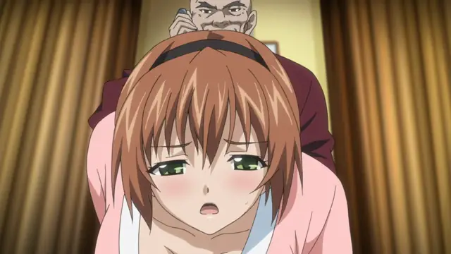 A blushing anime girl with brown hair and a headband looks shocked and distressed as an older man with a goatee stands behind her. Screenshot from Rin x Sen + Ran - Sem Cross Mix - Episode 2