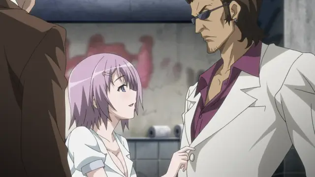 A petite girl with purple hair and a white shirt looks up with an admiring expression at a tall man with brown hair, sunglasses, and a white suit jacket while she rests her hand on his lapel. Screenshot from Rin x Sen + Ran - Sem Cross Mix - Episode 2