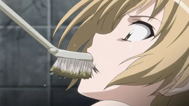 A blonde anime girl with an embarrassed expression looks up as a toilet brush is pressed against her face in a bathroom. Screenshot from Rin x Sen + Ran - Sem Cross Mix - Episode 2