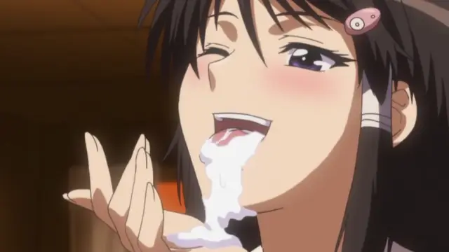 A close-up anime shot of a blushing girl with black hair and a pink hair clip winking and smiling as she finishes blowing a large bubble of white liquid from her mouth. Screenshot from Triple Ecchi - Episode 1