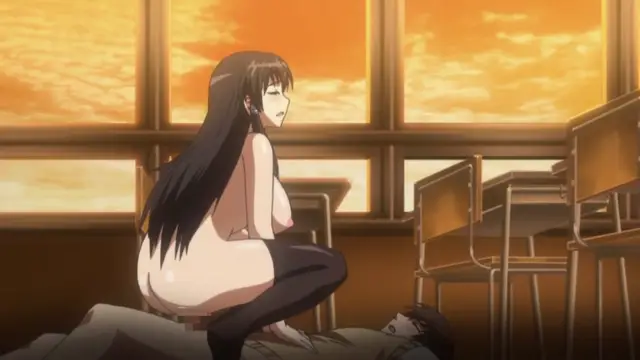 A topless anime woman with long black hair sits on top of a man lying on a desk in a classroom, looking over her shoulder with an expression of pleasure during a sunset. Screenshot from Triple Ecchi - Episode 1