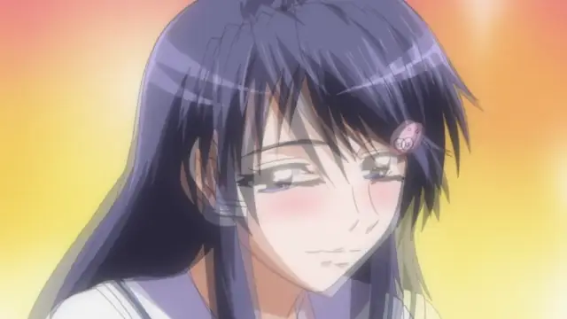 A close-up shot of a girl with long dark blue hair and a blushing face wearing a school uniform, looking down with a sly smile. Screenshot from Triple Ecchi - Episode 1