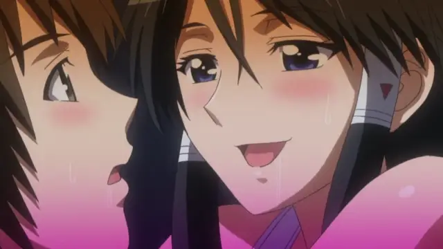 A close-up shot shows two anime girls with blushing faces and heavy breathing, with the girl on the left looking toward the right and the girl on the right looking ahead with a dazed, open-mouthed expression. Screenshot from Triple Ecchi - Episode 1