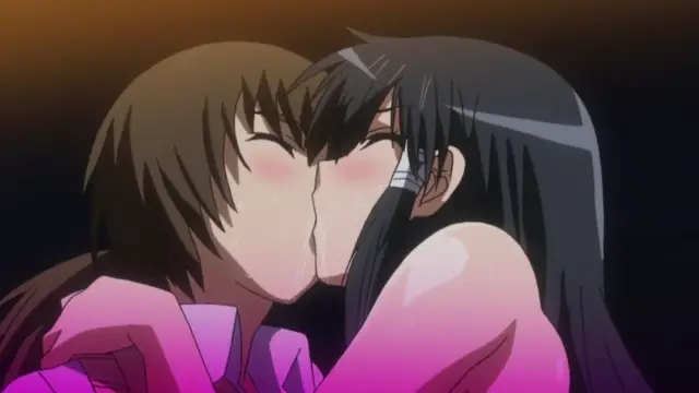 A brown-haired anime girl in a pink shirt and a black-haired anime girl in a pink shirt are shown kissing passionately in a close-up shot. Screenshot from Triple Ecchi - Episode 1
