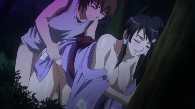 A man in a light blue robe stands behind a woman in a purple yukata, who leans against a tree with a closed-eye expression while his hand is positioned between her legs. Screenshot from Triple Ecchi - Episode 1