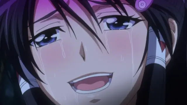 A close-up shot of an anime girl with purple hair and blue eyes, blushing and crying with a wide smile on her face. Screenshot from Triple Ecchi - Episode 1