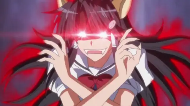 A girl with black hair, animal ears, and glowing red eyes wears a school uniform and smiles while her hands are positioned near her face against a red and black background. Screenshot from Triple Ecchi - Episode 1