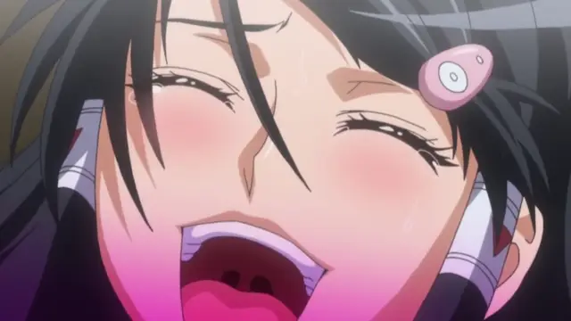 A close-up of a blushing anime girl with black hair and a pink hair clip with her eyes closed and mouth open in a state of pleasure. Screenshot from Triple Ecchi - Episode 1