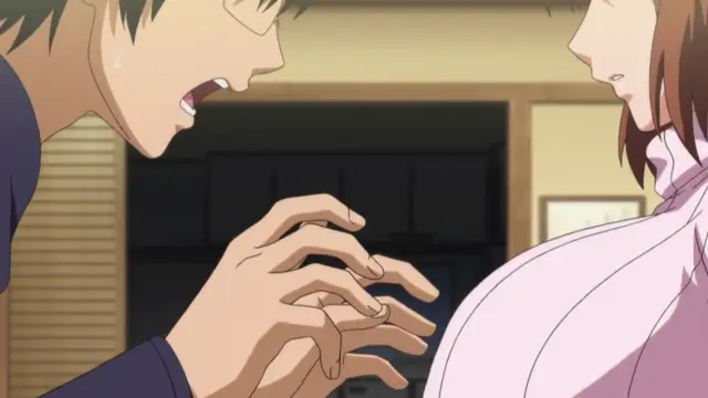 A sweating, wide-eyed man leans in close to a woman with a large belly, his hand reaching out as he shouts at her. Screenshot from Triple Ecchi - Episode 2