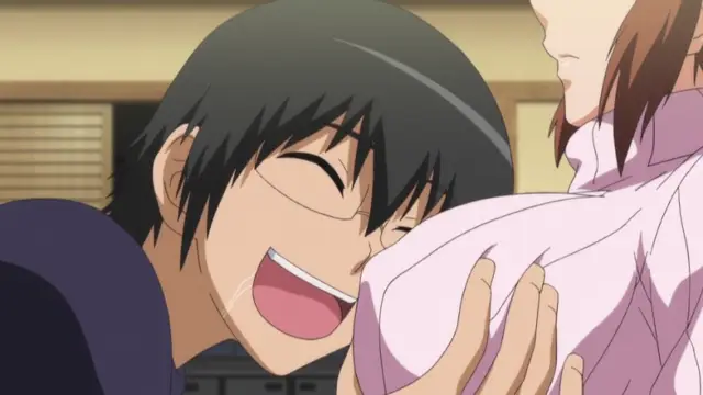 A male anime character with glasses leans in with a wide, ecstatic grin, pressing his face against the large breasts of a female character who is wearing a pink jacket. Screenshot from Triple Ecchi - Episode 2