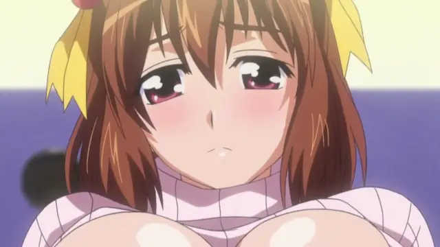A blushing anime girl with brown hair and yellow hair accessories looks down with a heavy expression, her large breasts prominently displayed in a white and pink sweater. Screenshot from Triple Ecchi - Episode 2
