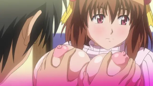 A close-up of an anime girl with brown hair and red eyes looking surprised as a male character holds and squeezes her large, pinkish breasts. Screenshot from Triple Ecchi - Episode 2