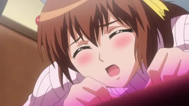 An anime girl with brown hair and red cheeks rests her chin on her hands, looking up with a blushing, excited expression. Screenshot from Triple Ecchi - Episode 2