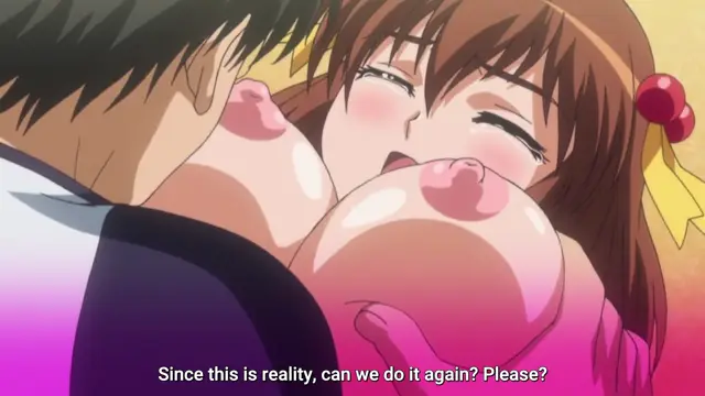 A blushing anime girl with long brown hair and a red ribbon leans into a man's chest, her breasts exposed as she says, "Since this is reality, can we do it again? Please?". Screenshot from Triple Ecchi - Episode 2