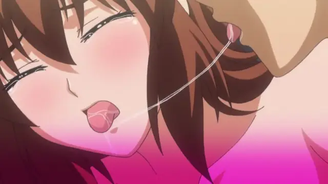 A close-up shot of an anime girl with brown hair and a blushing face expressing pleasure with her eyes closed and mouth open, while a penis is shown entering her mouth in a fellatio scene. Screenshot from Triple Ecchi - Episode 2