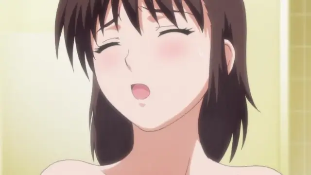 A close-up shot of a blushing anime girl with her eyes closed and mouth open in a pleasurable expression while in a bathroom or shower setting. Screenshot from Triple Ecchi - Episode 3