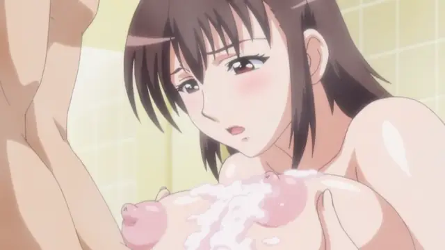 A shocked anime girl with dark hair looks down at a smaller girl's breasts being covered in white fluids in a bathroom setting. Screenshot from Triple Ecchi - Episode 3