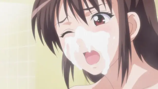An anime girl with brown hair stands in a bathroom with white foam covering her face and mouth as she winks at the camera. Screenshot from Triple Ecchi - Episode 3