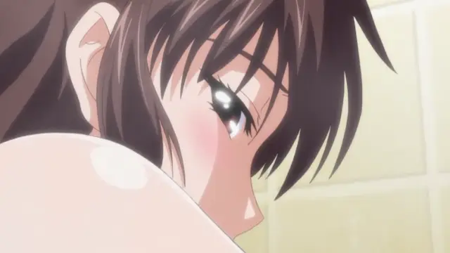 A blushing anime girl with short brown hair looks down with a lustful expression while partially exposed. Screenshot from Triple Ecchi - Episode 3