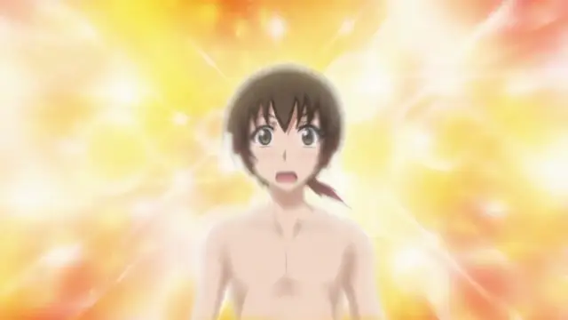 An anime boy with brown hair and a surprised expression stands shirtless in the center of a bright, glowing golden and white aura. Screenshot from Triple Ecchi - Episode 4