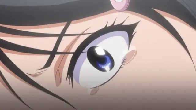 A close-up shot of a tearful girl with purple eyes and long black hair looking down, expressing a sense of sadness or despair. Screenshot from Triple Ecchi - Episode 4